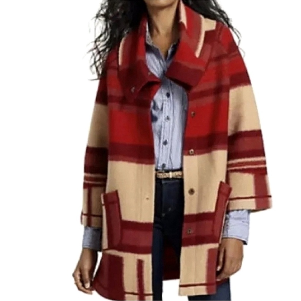 SPARROW ANTHRO Satra Red Plaid Wool Blanket Sweater Coat Barn Jacket S